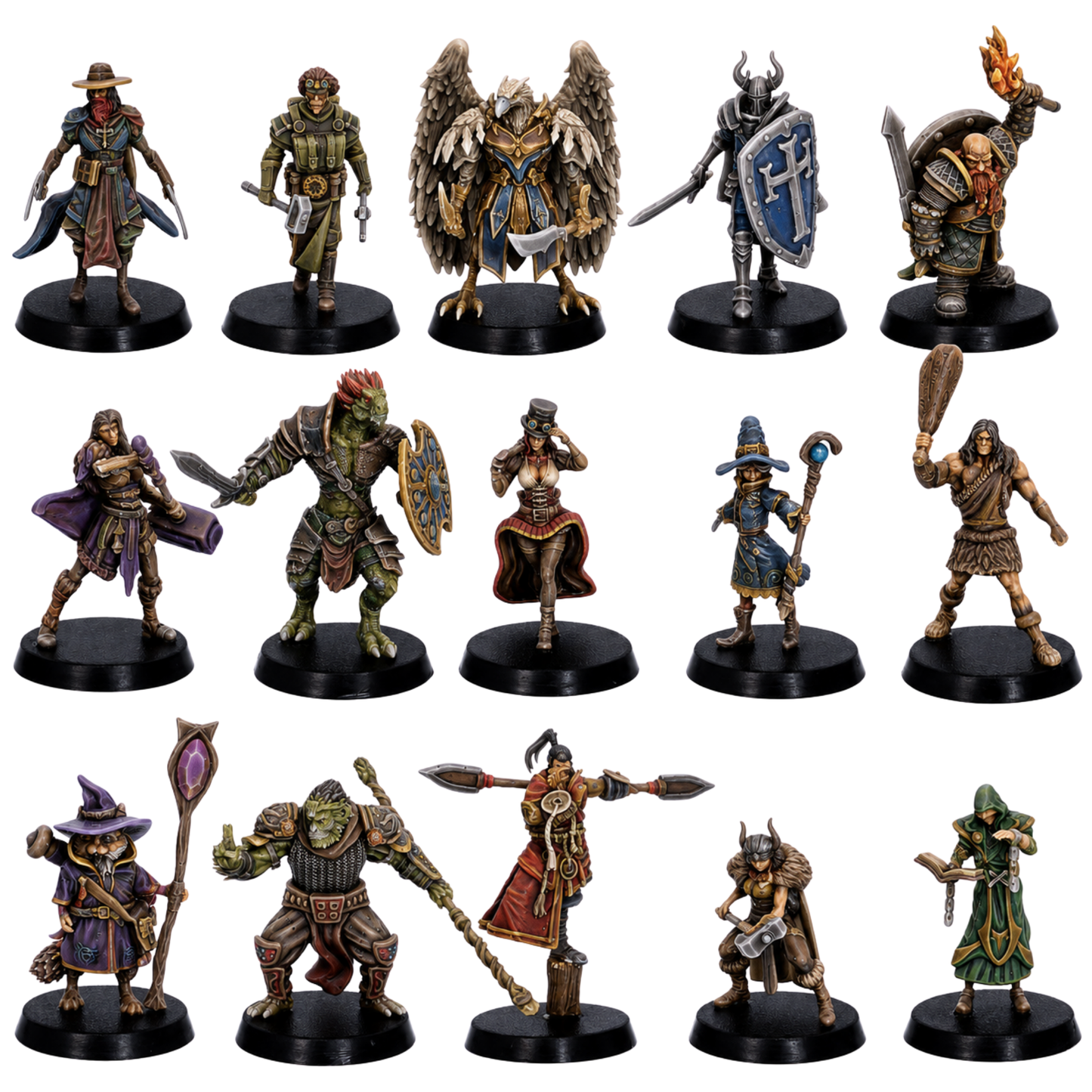 Painted Playable Characters set of 15 by Epic Miniatures showing a varied fantasy adventuring party with warriors, spellcasters, rogues, monsters, and specialist heroes.
