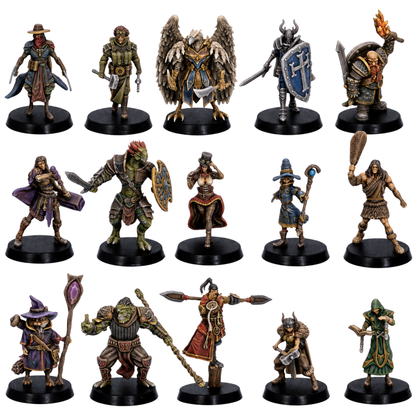 Painted Playable Characters set of 15 by Epic Miniatures showing a varied fantasy adventuring party with warriors, spellcasters, rogues, monsters, and specialist heroes.