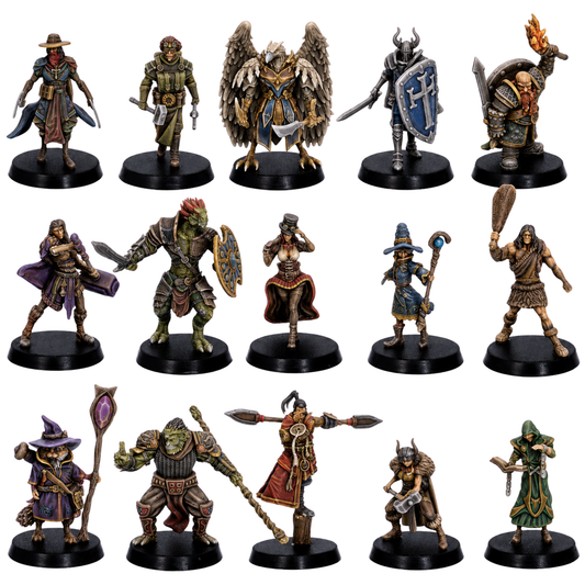 Painted Playable Characters set of 15 by Epic Miniatures showing a varied fantasy adventuring party with warriors, spellcasters, rogues, monsters, and specialist heroes.