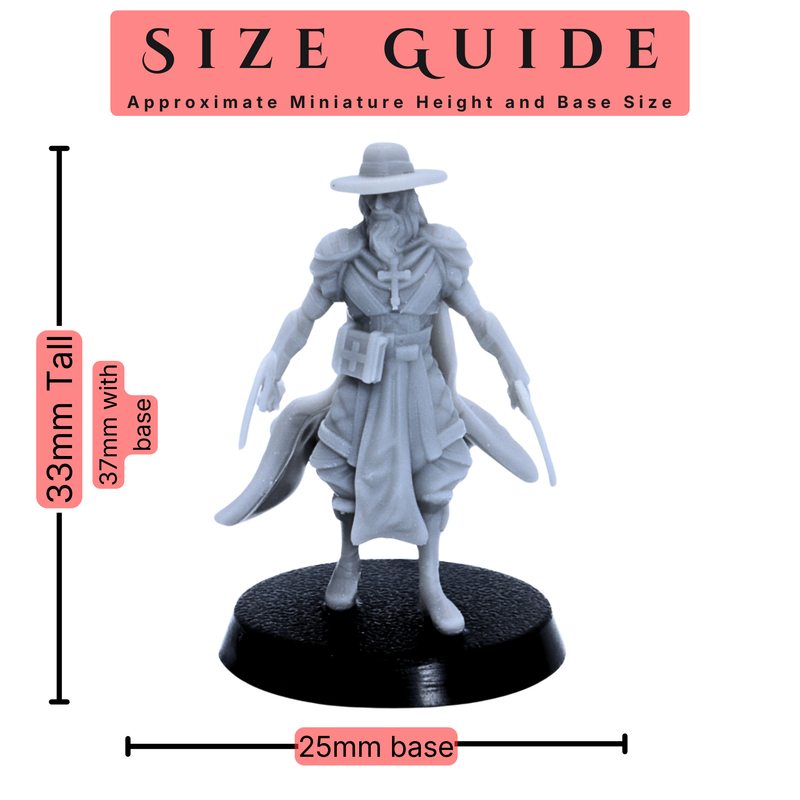 Size guide for Playable Character miniature showing approximately 30mm scale with a 25mm round base.