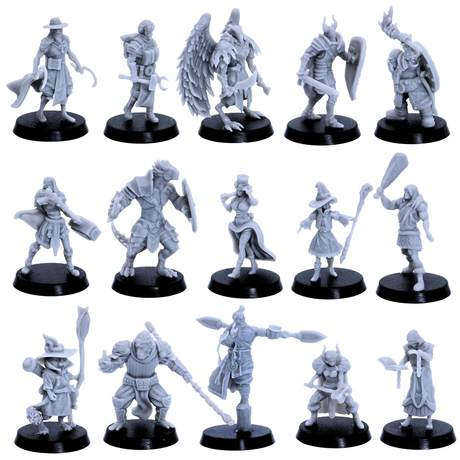 Unpainted fantasy playable character miniatures shown from varied angles with swords, shields, staffs, hammers, spellbooks, armour, and adventuring gear.
