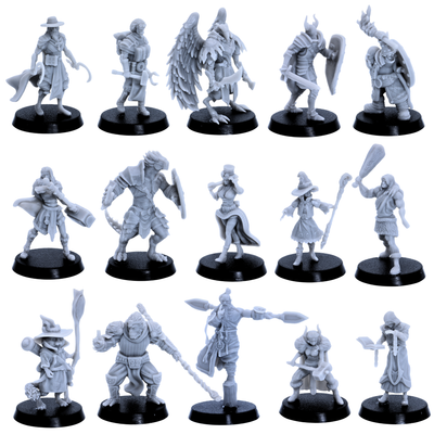 Unpainted fantasy playable character miniatures shown from varied angles with swords, shields, staffs, hammers, spellbooks, armour, and adventuring gear.