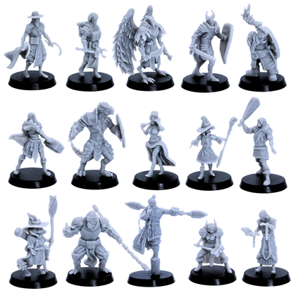 Unpainted fantasy playable character miniatures shown from varied angles with swords, shields, staffs, hammers, spellbooks, armour, and adventuring gear.