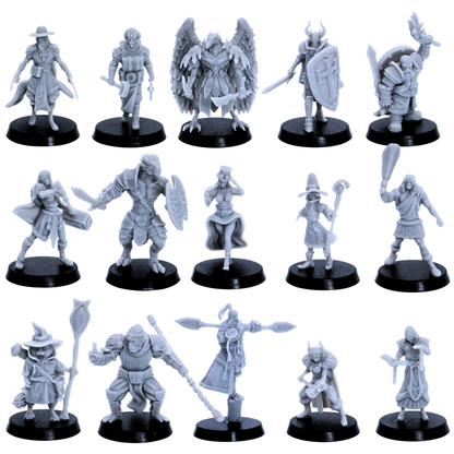Complete unpainted selection of fifteen Playable Characters by Epic Miniatures featuring a broad mix of fantasy races, classes, weapons, and adventuring roles.