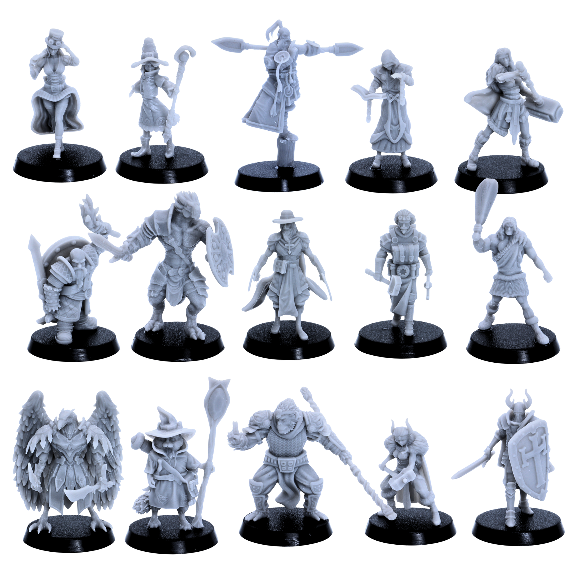 Unpainted Playable Characters set of fifteen showing fantasy heroes including mages, warriors, rogues, a dwarf, avian fighter, reptilian warrior, and barbarian.