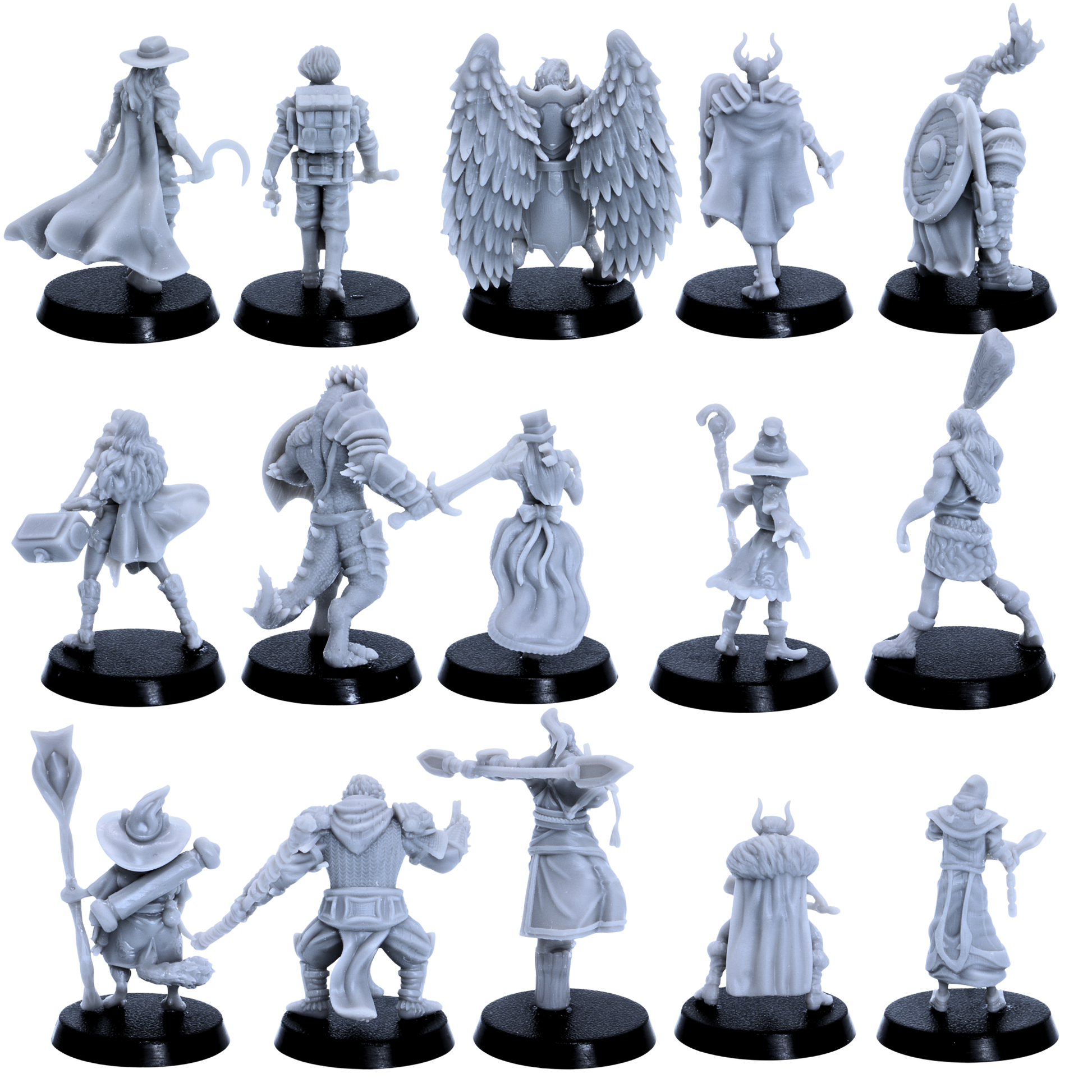 Rear views of Playable Characters miniatures showing detailed cloaks, backpacks, armour, wings, robes, shields, weapons, and fantasy equipment.