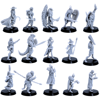 Unpainted Playable Characters miniatures shown from side angles highlighting cloaks, armour, wings, shields, weapons, robes, and equipment.