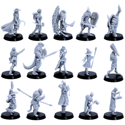 Unpainted Playable Characters miniatures shown from side angles highlighting cloaks, armour, wings, shields, weapons, robes, and equipment.