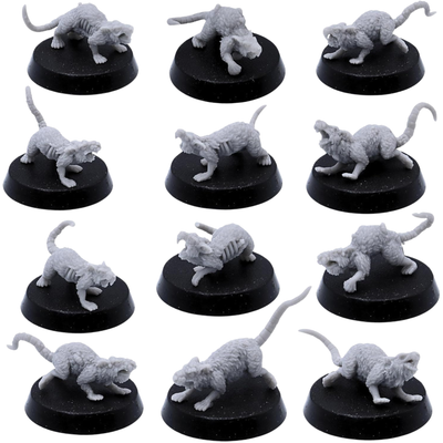 Unpainted Pox Rats by Resin Warfare showing plague-ridden rat miniatures with exposed ribs, swollen bodies, and snarling poses.