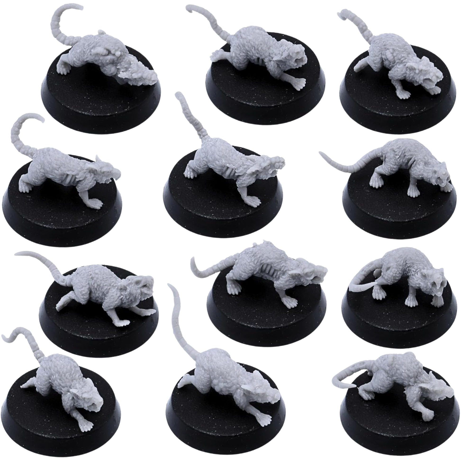 Unpainted Pox Rats miniatures showing twelve diseased fantasy rat sculpts on 25mm round bases.