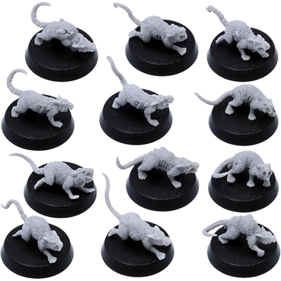 Unpainted Pox Rats miniatures showing twelve diseased fantasy rat sculpts on 25mm round bases.