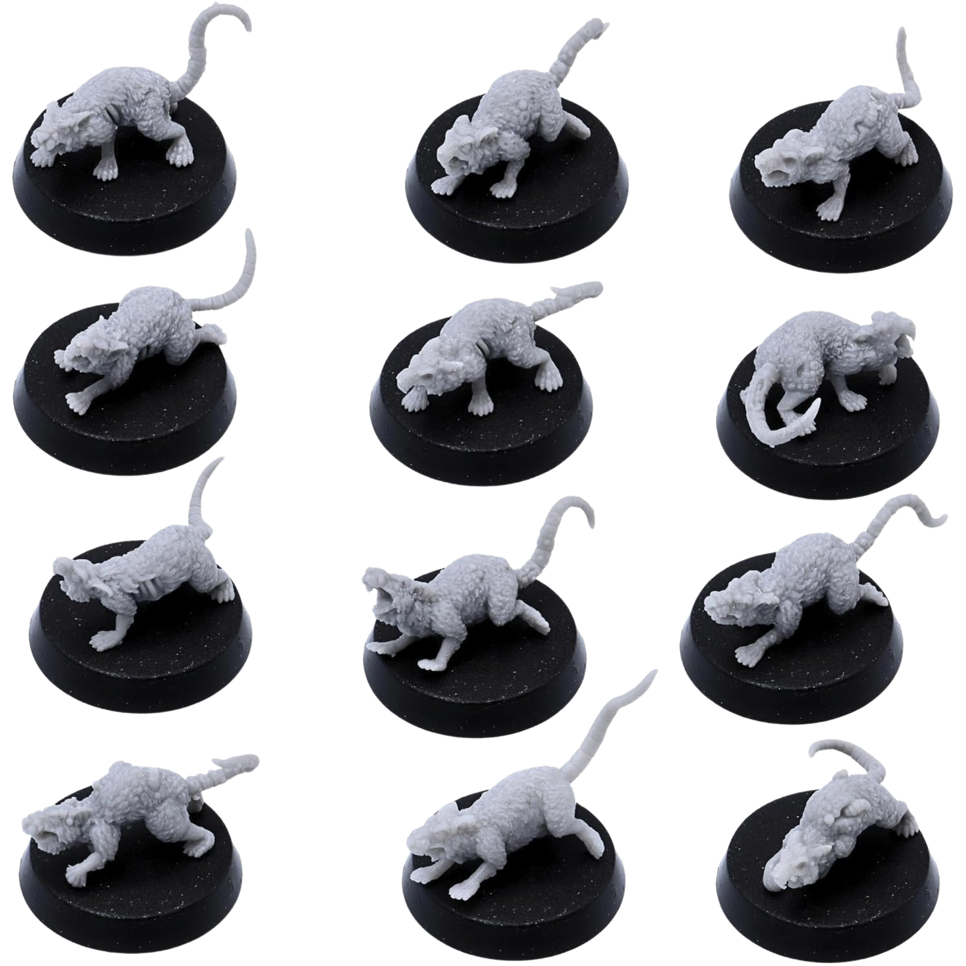 Unpainted Pox Rat miniatures showing varied mutated rat designs with sores, damaged flesh, long tails, and diseased features.