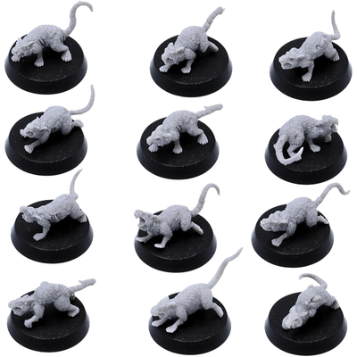 Unpainted Pox Rat miniatures showing varied mutated rat designs with sores, damaged flesh, long tails, and diseased features.