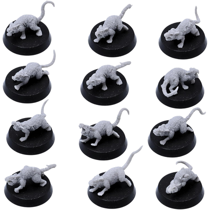 Unpainted Pox Rat miniatures showing varied mutated rat designs with sores, damaged flesh, long tails, and diseased features.