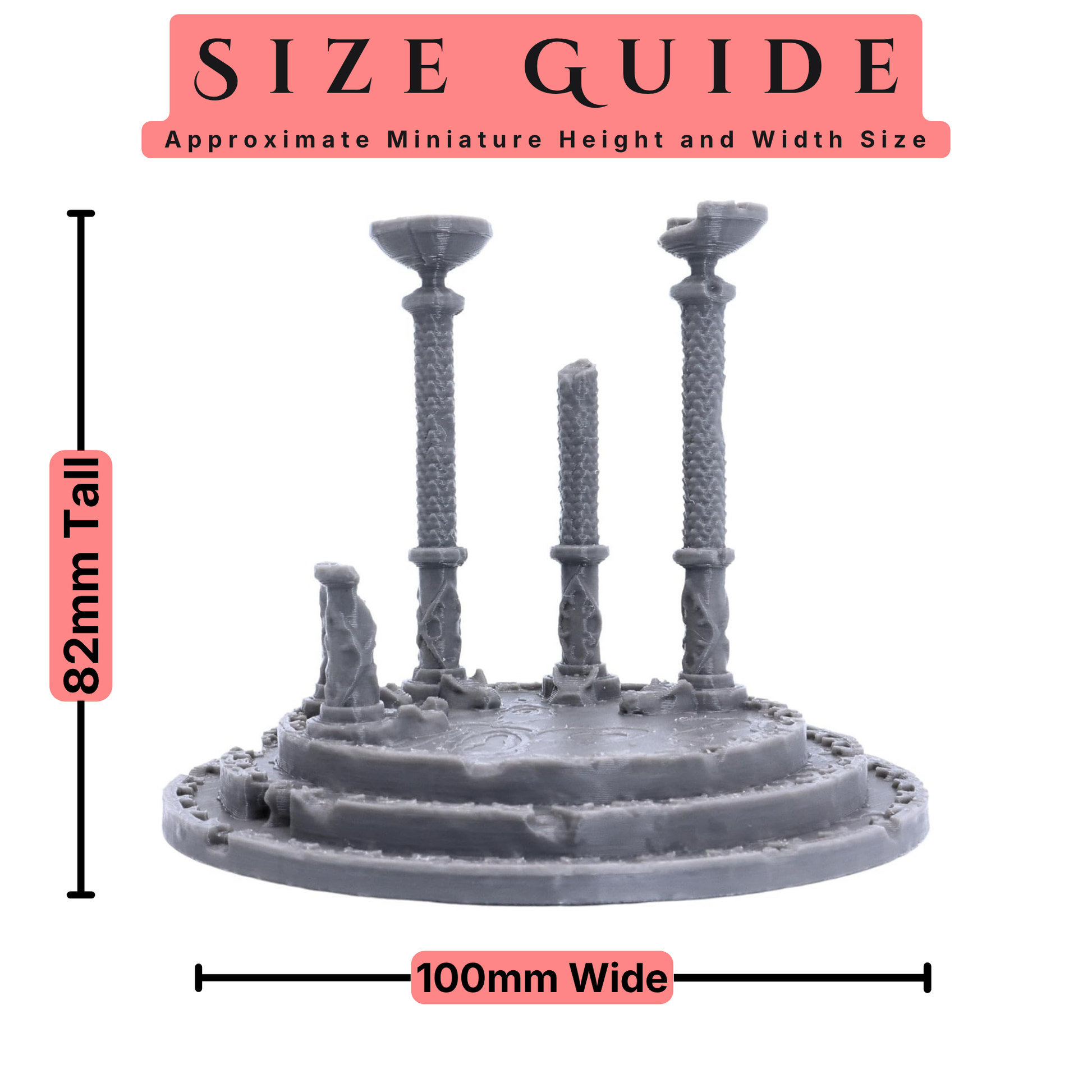 Dragon Dais size guide showing approximately 82mm height and 100mm width.