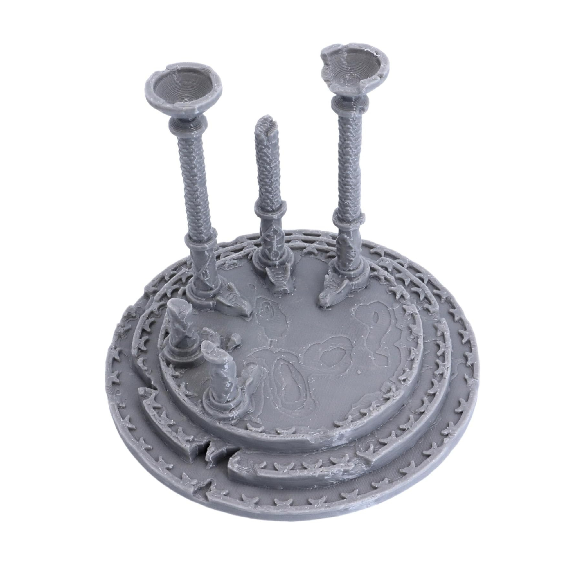 Top view of the Dragon Dais showing the circular stepped platform, carved serpent motifs and ruined pillars.