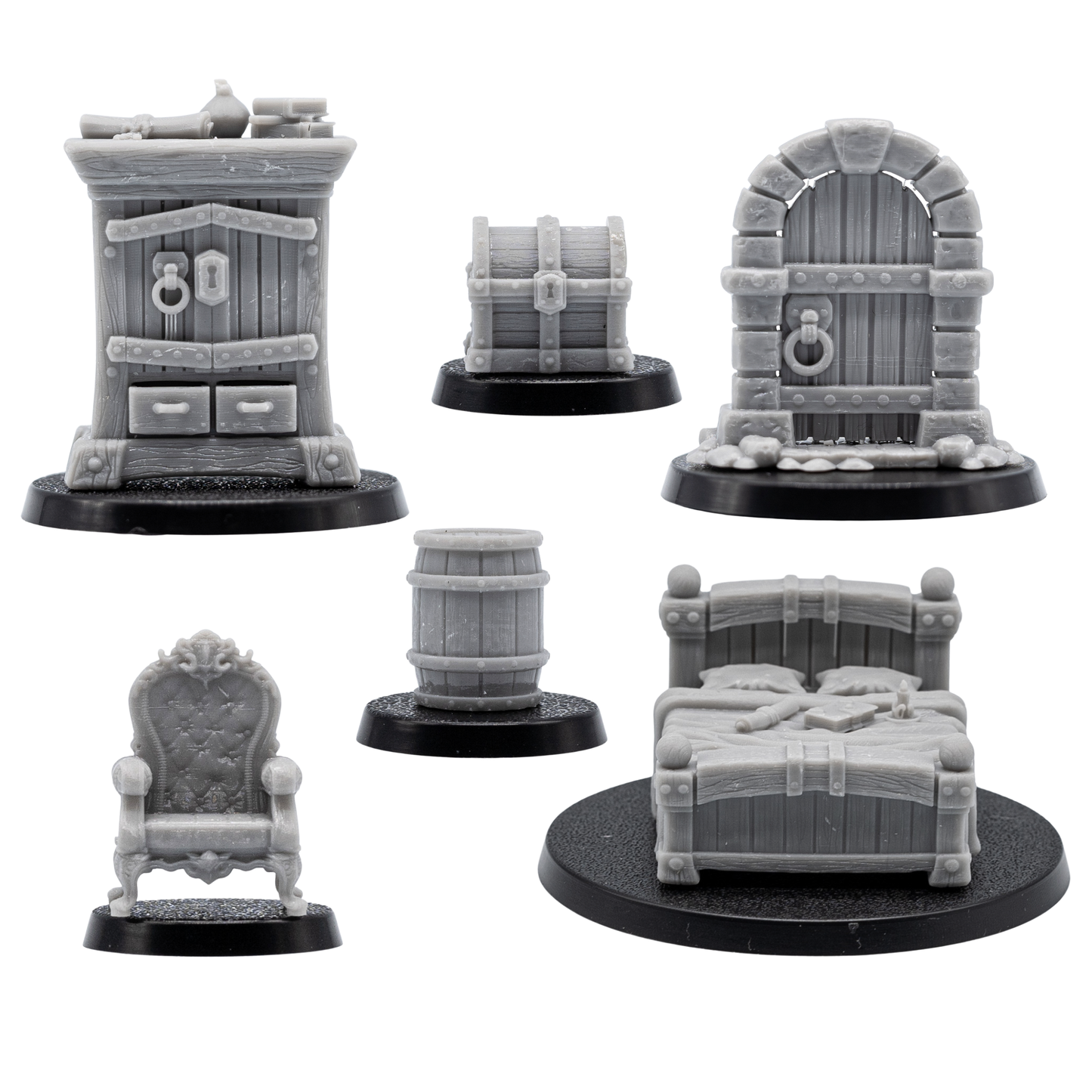 Complete unpainted Props and Mimics collection showing all twelve matching fantasy scenery and monster miniatures.