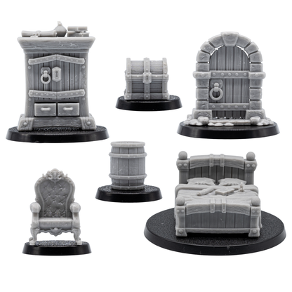 Complete unpainted Props and Mimics collection showing all twelve matching fantasy scenery and monster miniatures.