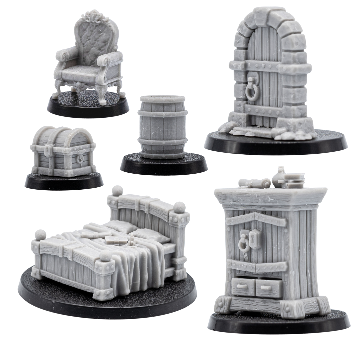 Unpainted furniture and Mimic pairs showing matching ordinary dungeon props and transformed monster versions.