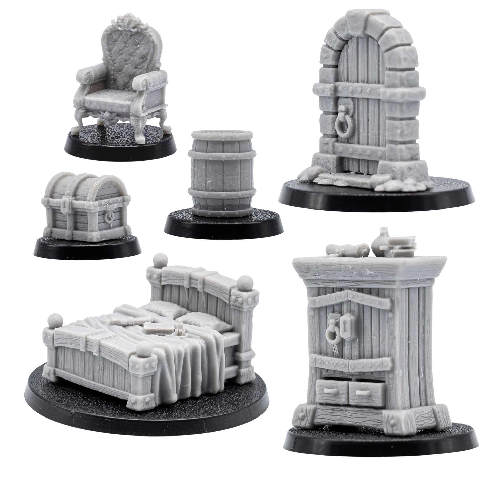 Unpainted furniture and Mimic pairs showing matching ordinary dungeon props and transformed monster versions.