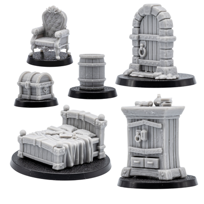 Unpainted furniture and Mimic pairs showing matching ordinary dungeon props and transformed monster versions.