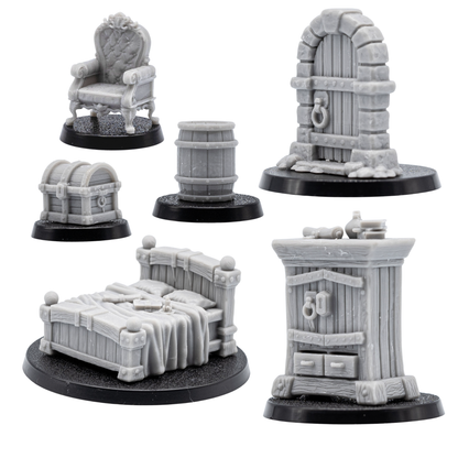 Unpainted furniture and Mimic pairs showing matching ordinary dungeon props and transformed monster versions.