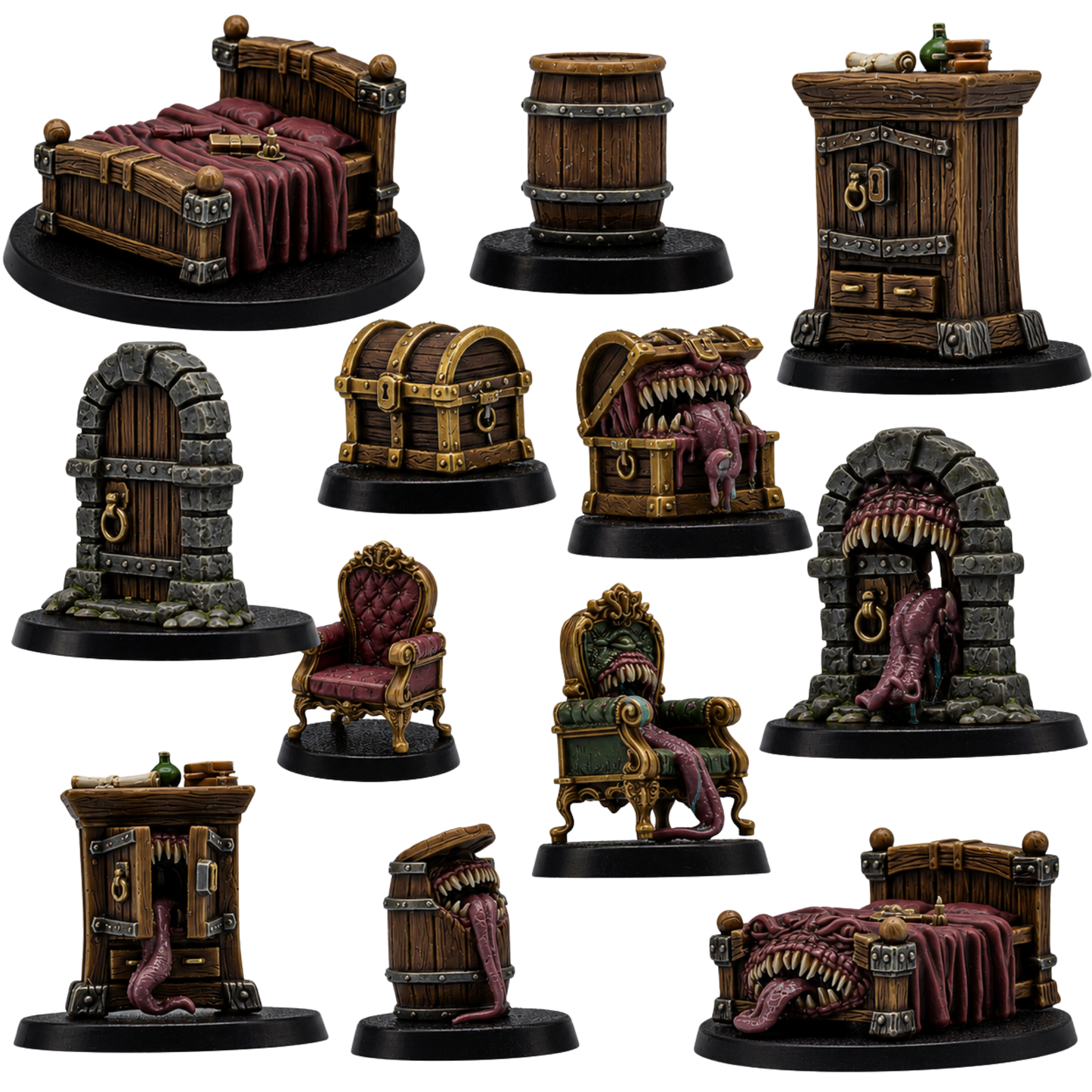 Painted Props and Mimics set by Forged Path Miniatures showing matching fantasy furniture and monstrous Mimic versions.