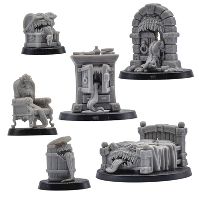 Unpainted Mimic miniatures showing the chest, cupboard, doorway, chair, barrel, and bed monsters with teeth and tongues.