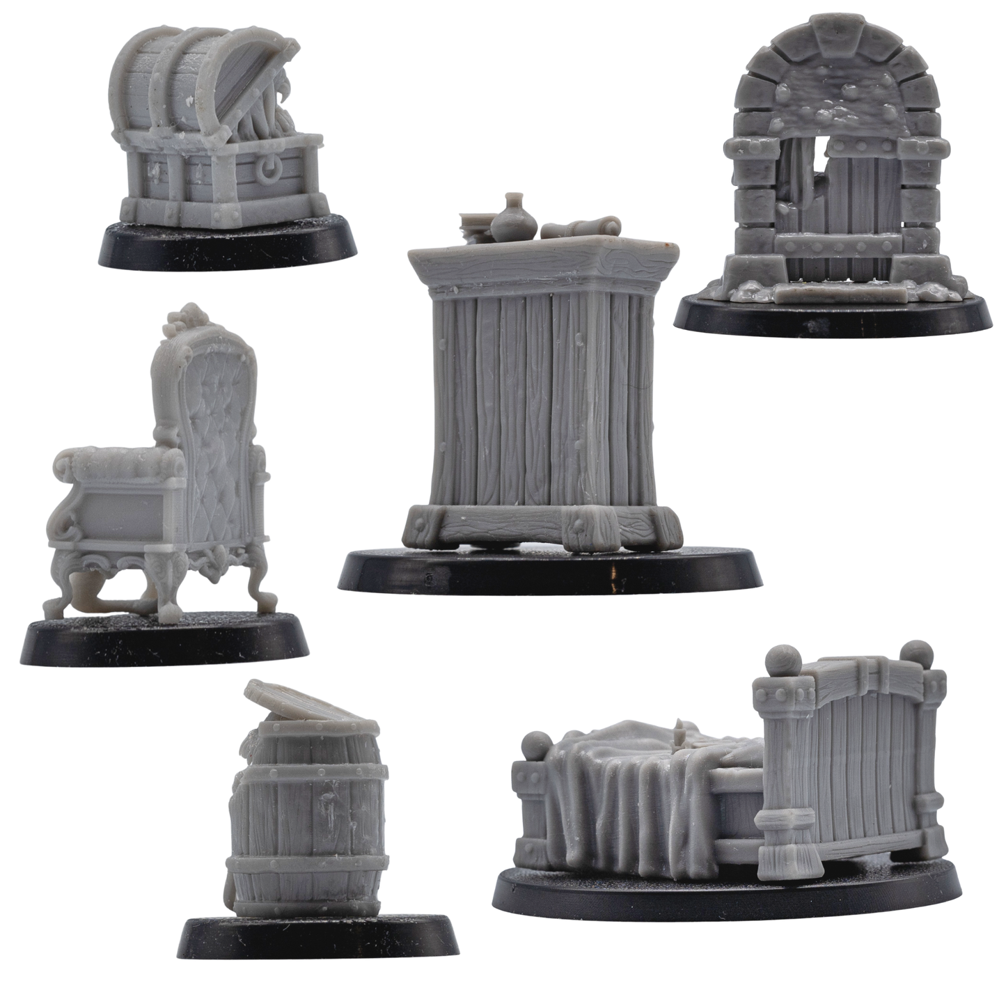 Rear views of the six ordinary fantasy dungeon props including cupboard, chest, doorway, barrel, chair, and bed.
