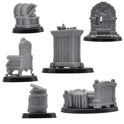 Rear views of the six ordinary fantasy dungeon props including cupboard, chest, doorway, barrel, chair, and bed.