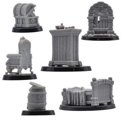 Rear views of the six ordinary fantasy dungeon props including cupboard, chest, doorway, barrel, chair, and bed.