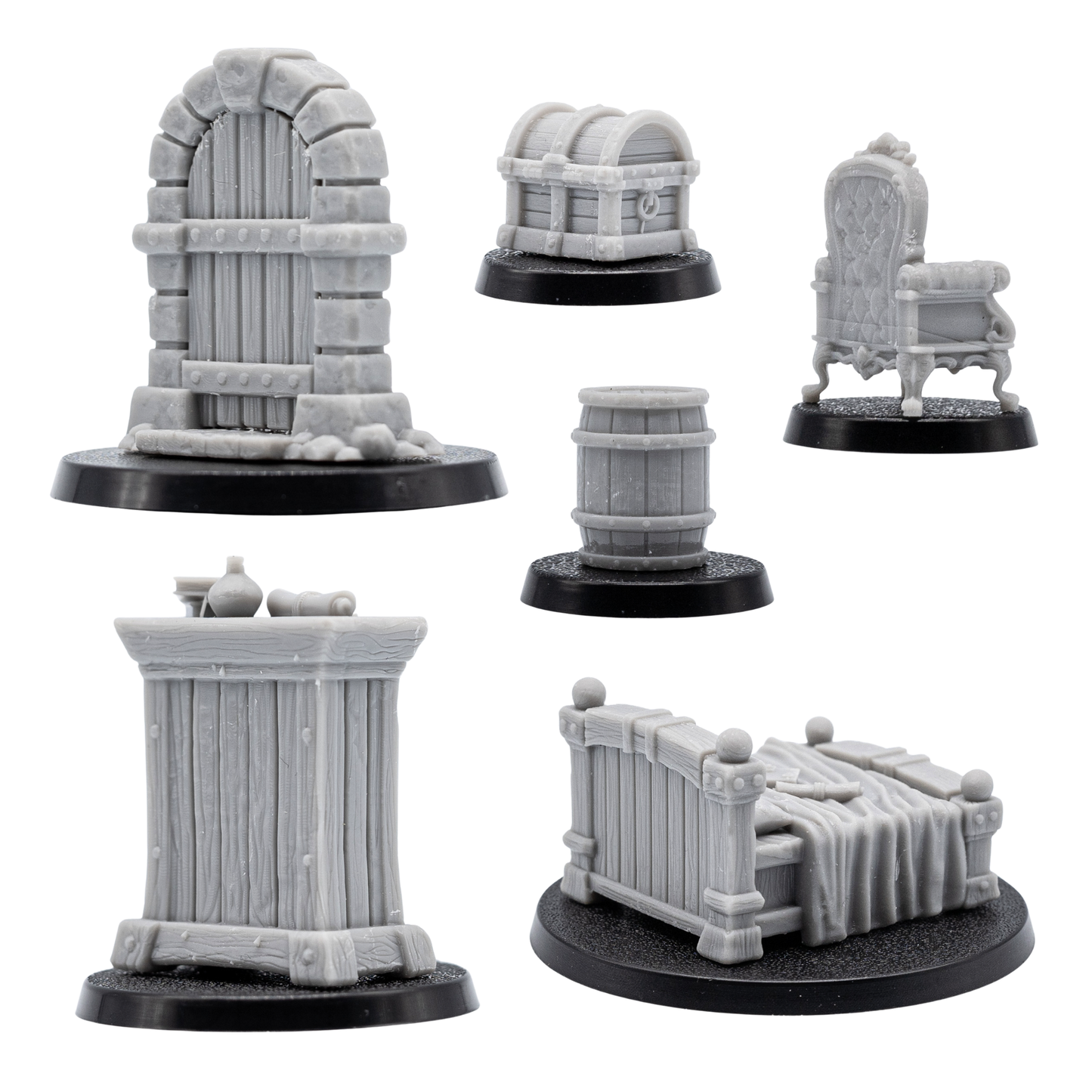 Rear and alternate views of the fantasy furniture and dungeon props showing detailed wood grain, stonework, upholstery, and hardware.