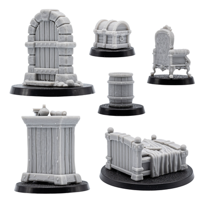 Rear and alternate views of the fantasy furniture and dungeon props showing detailed wood grain, stonework, upholstery, and hardware.