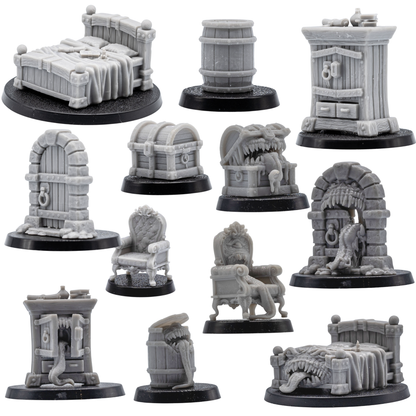 Unpainted set of fantasy props and Mimics including bed, barrel, cupboard, chest, chair, and stone doorway designs.