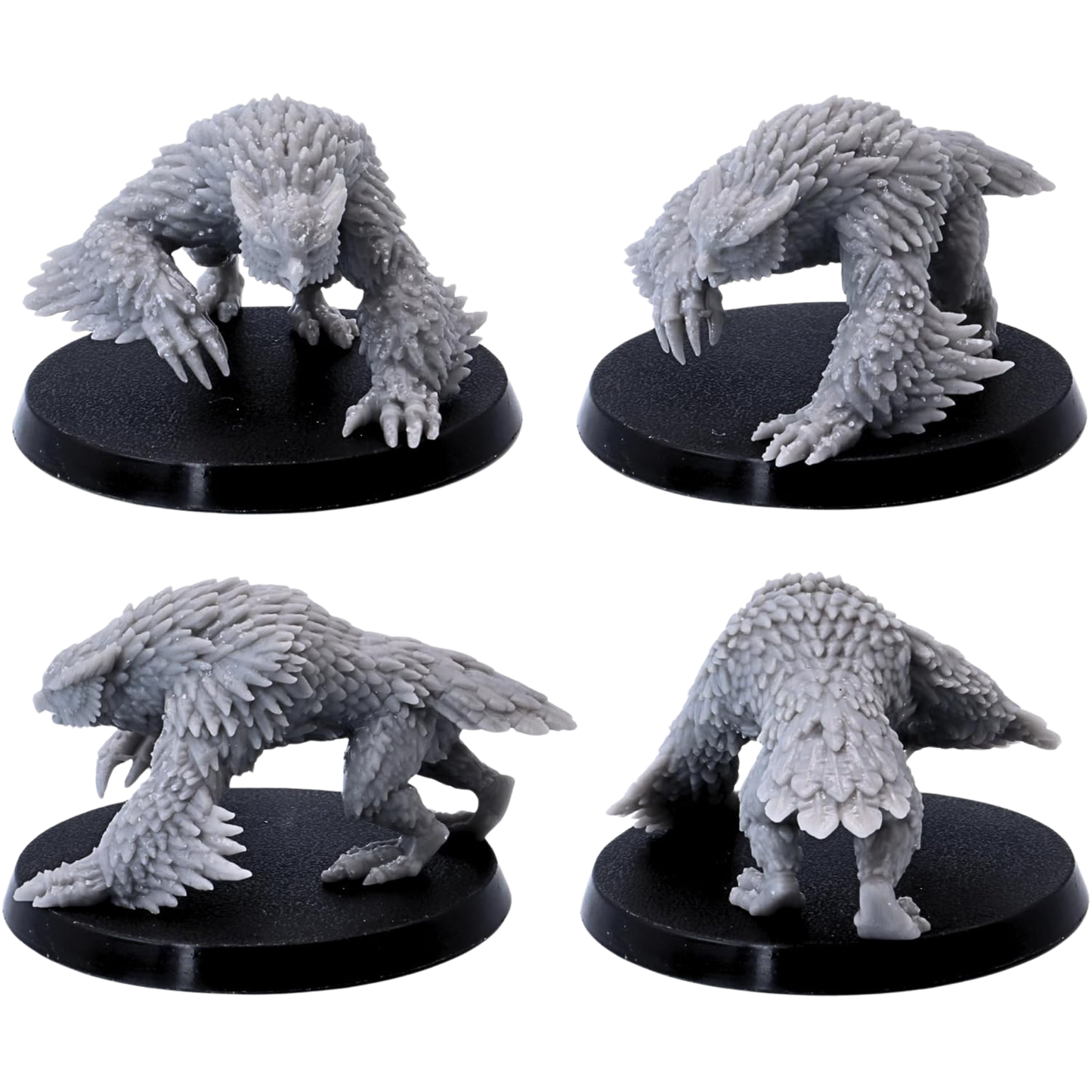 Unpainted prowling Owlbear miniature shown from multiple angles on a 50mm round base.