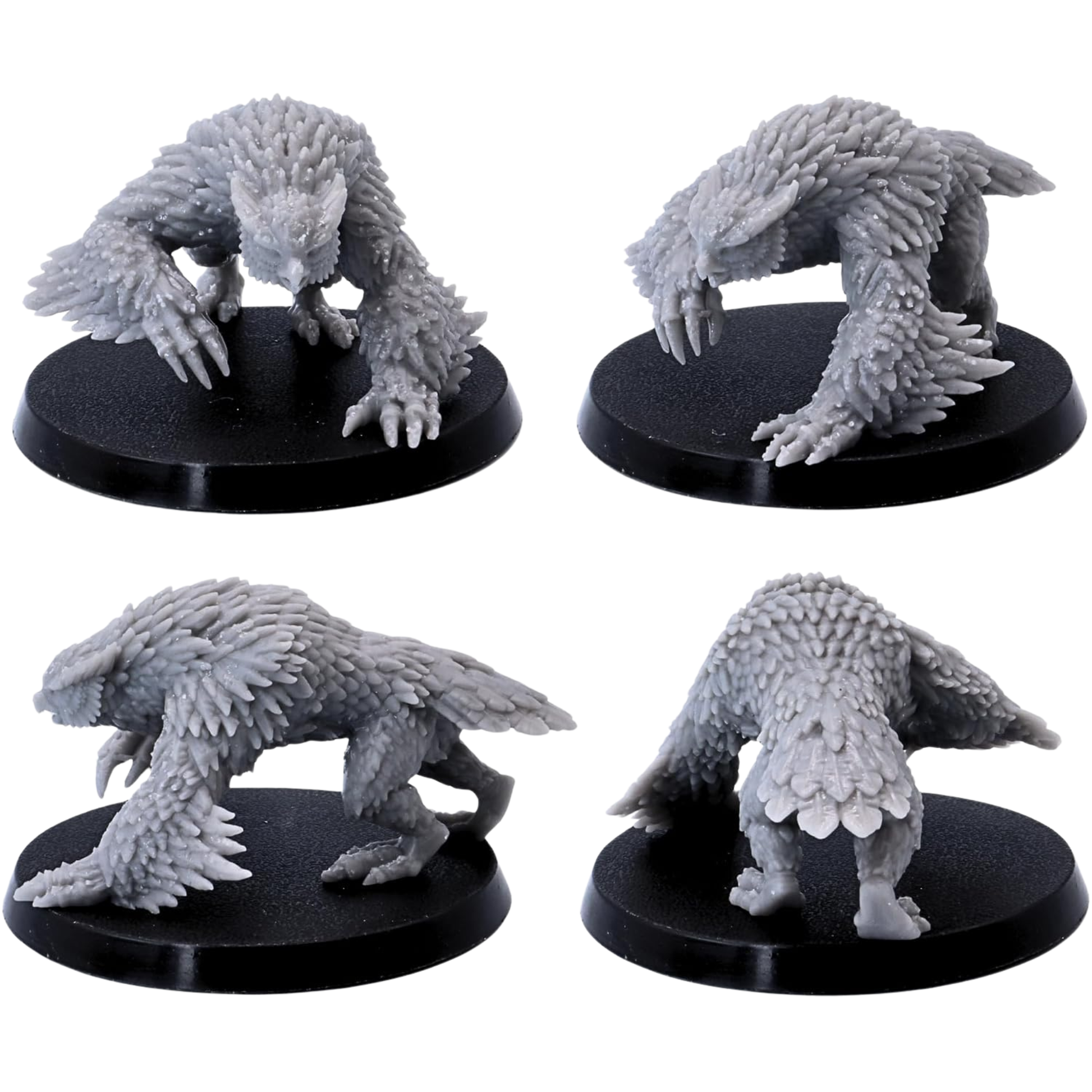 Unpainted prowling Owlbear miniature shown from multiple angles on a 50mm round base.
