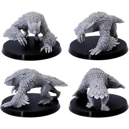 Unpainted prowling Owlbear miniature shown from multiple angles on a 50mm round base.
