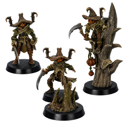 Painted Pumpkin Scarecrows miniatures set by Epic Miniatures featuring three Halloween fantasy scarecrow figures.