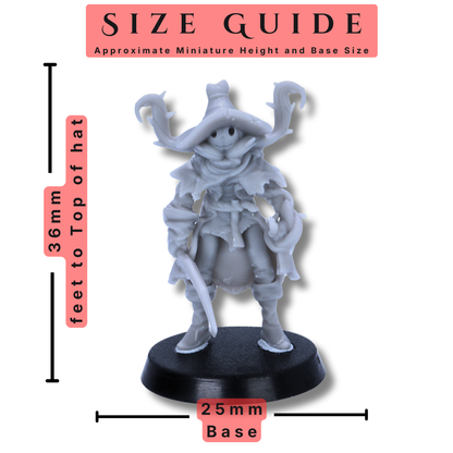 Size guide for Pumpkin Scarecrow miniature showing approximate 36mm height and 25mm round base.
