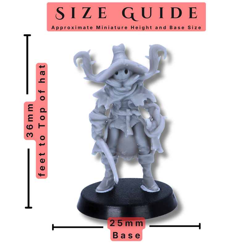 Size guide for Pumpkin Scarecrow miniature showing approximate 36mm height and 25mm round base.