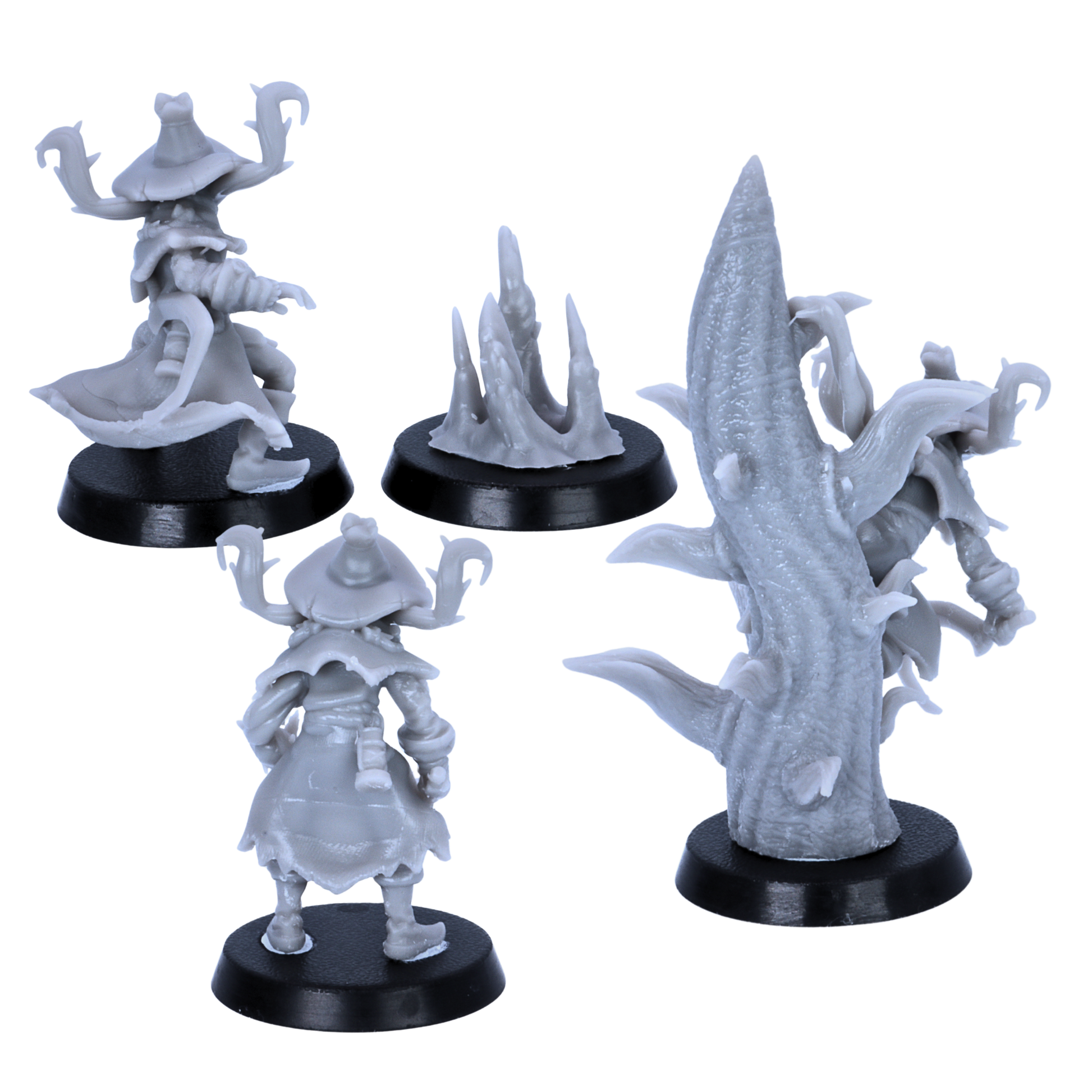 Back view of the Pumpkin Scarecrows miniatures showing twisted tree, root, cloak, and hat details.