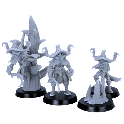 Unpainted Pumpkin Scarecrows miniatures set showing three resin Halloween scarecrow figures from the front.