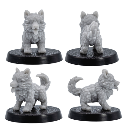 Unpainted puppy familiar shown from multiple angles with detailed fur and playful expression.