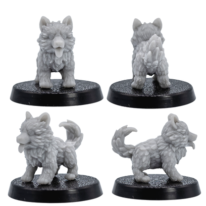 Unpainted puppy familiar shown from multiple angles with detailed fur and playful expression.