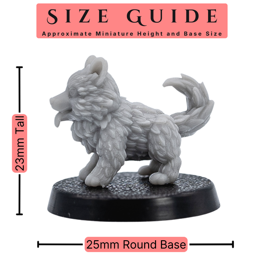 Size guide for Puppy Familiars by Forged Path Miniatures showing a 23mm tall puppy on a 25mm round base.
