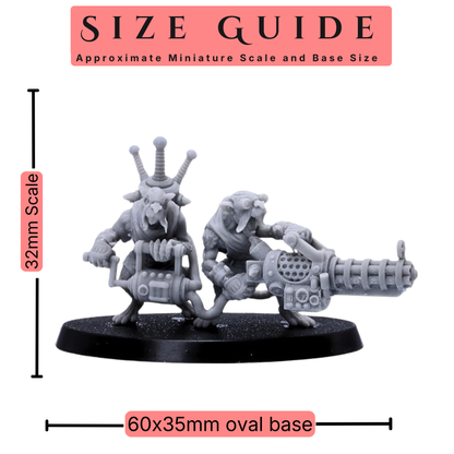 Size guide for Rat Crew miniature showing 32mm scale and 60 x 35mm oval base.