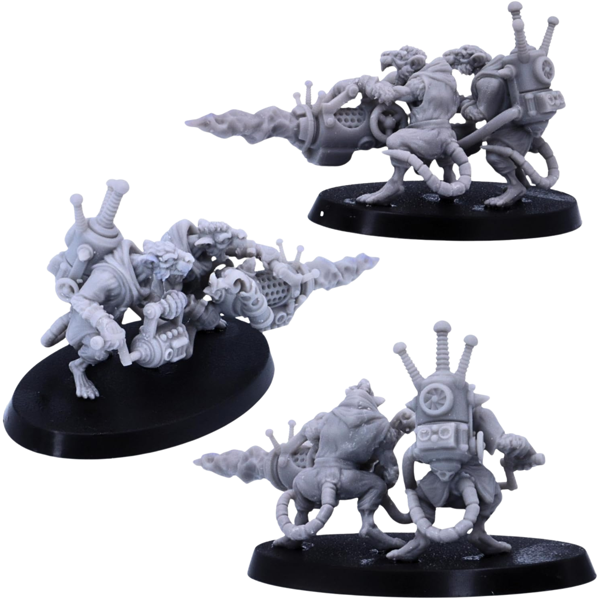 Unpainted Rat Crew flame weapon team showing rear equipment, hoses, mechanical backpack details, and 60 x 35mm oval base.
