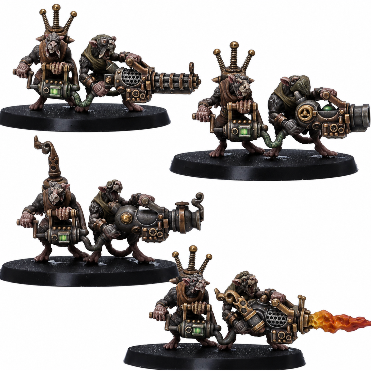 Painted Rat Crews set of 4 by Resin Warfare showing fantasy rat weapon teams operating heavy experimental guns, machinery, and flame weapons.