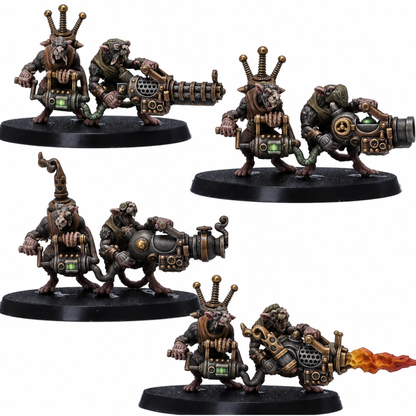 Painted Rat Crews set of 4 by Resin Warfare showing fantasy rat weapon teams operating heavy experimental guns, machinery, and flame weapons.