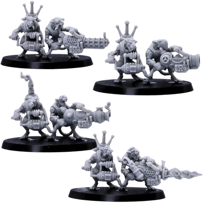 Unpainted Rat Crews showing rotary gun, cannon, experimental weapon, and flame weapon teams on oval bases.